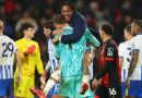 Joao Pedro and Bart Verbruggen celebrate Brighton winning 2-1 at Bournemouth