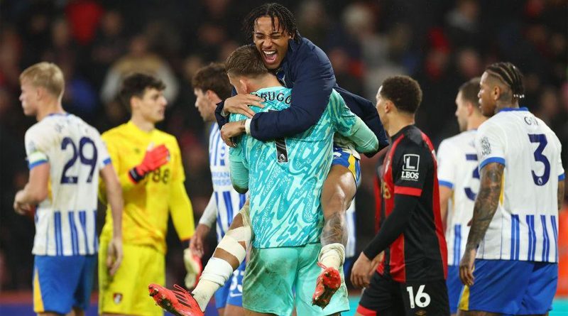 Joao Pedro and Bart Verbruggen celebrate Brighton winning 2-1 at Bournemouth